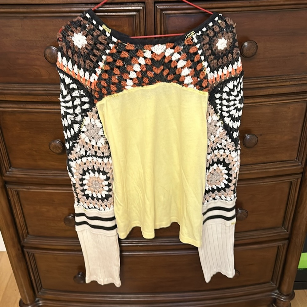 Free People Mixed Media Granny Square Crochet Shirt NEW - Picture 3 of 9